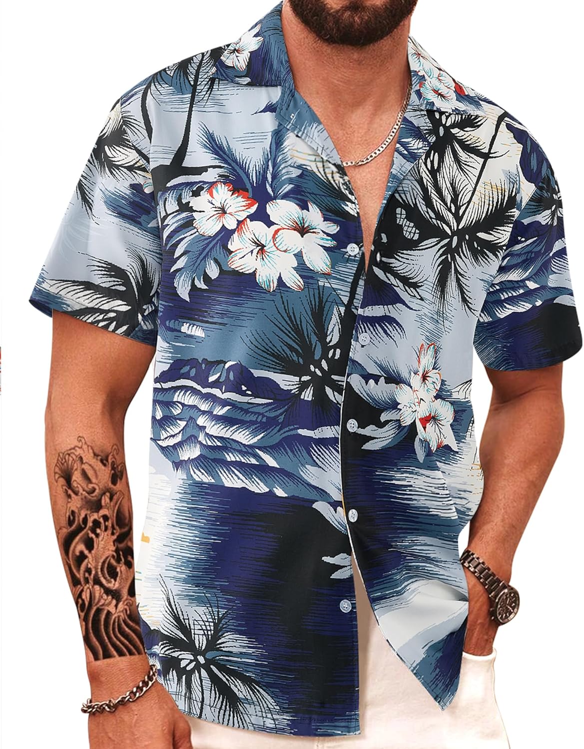 Herren Hawaiihemd Kurzarm Tropical Urlaub Button Down Strandhemden - Bild 34 von 46