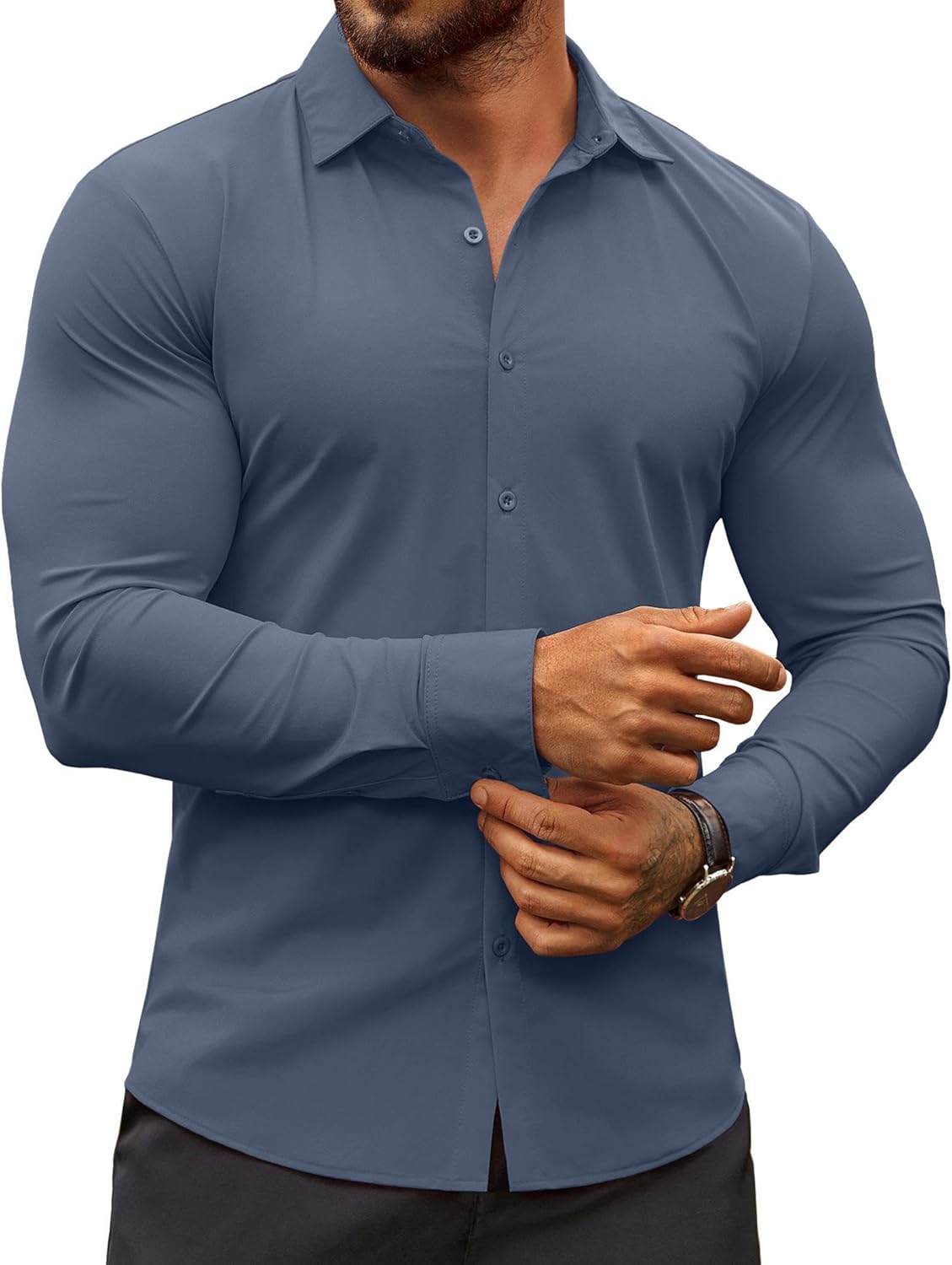 Herren Muscle Fit Oberhemden faltenfrei Langarm Freizeit Button Down Hemden - Bild 25 von 100