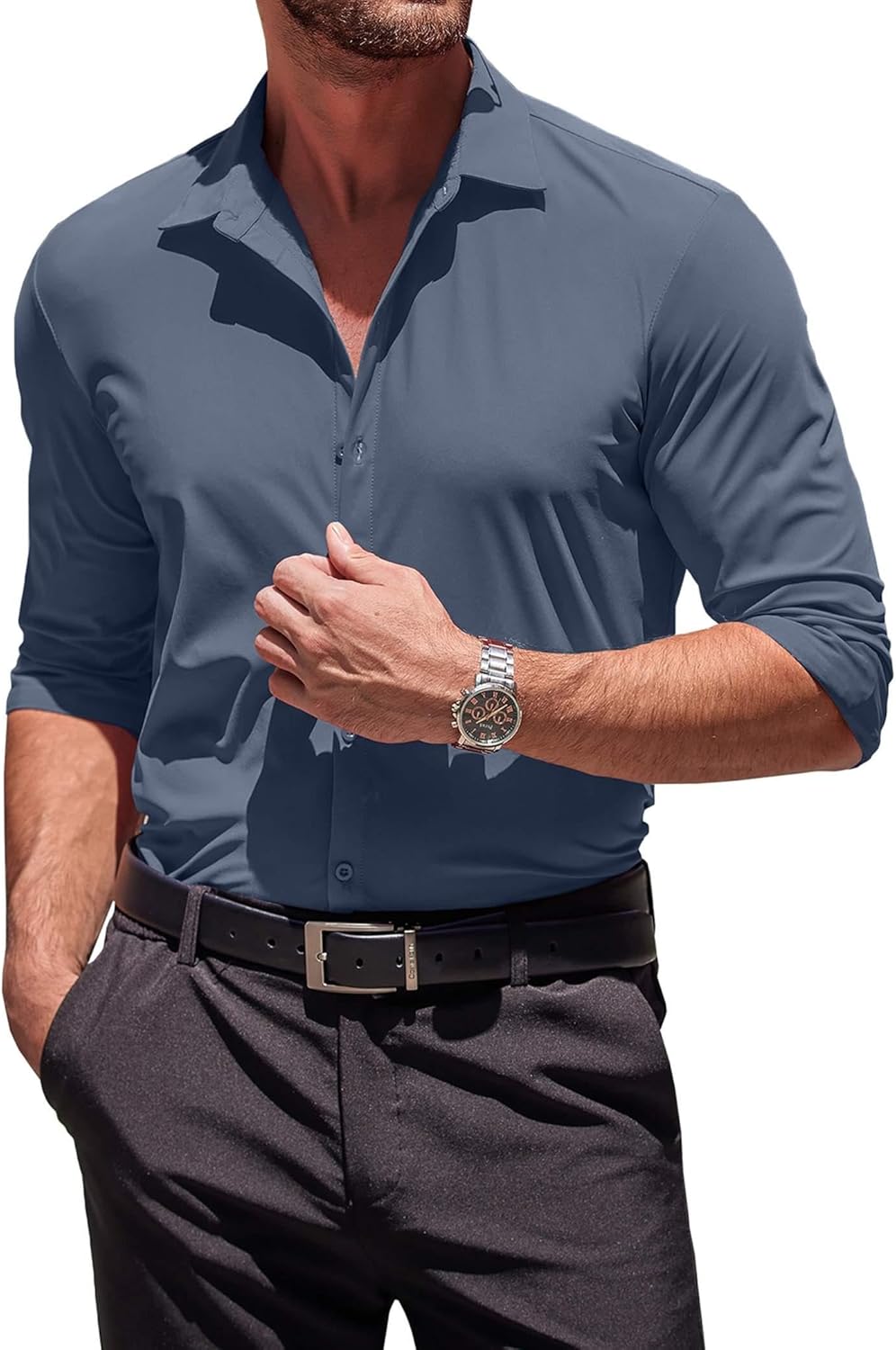 Herren Muscle Fit Oberhemden faltenfrei Langarm Freizeit Button Down Hemden - Bild 27 von 100