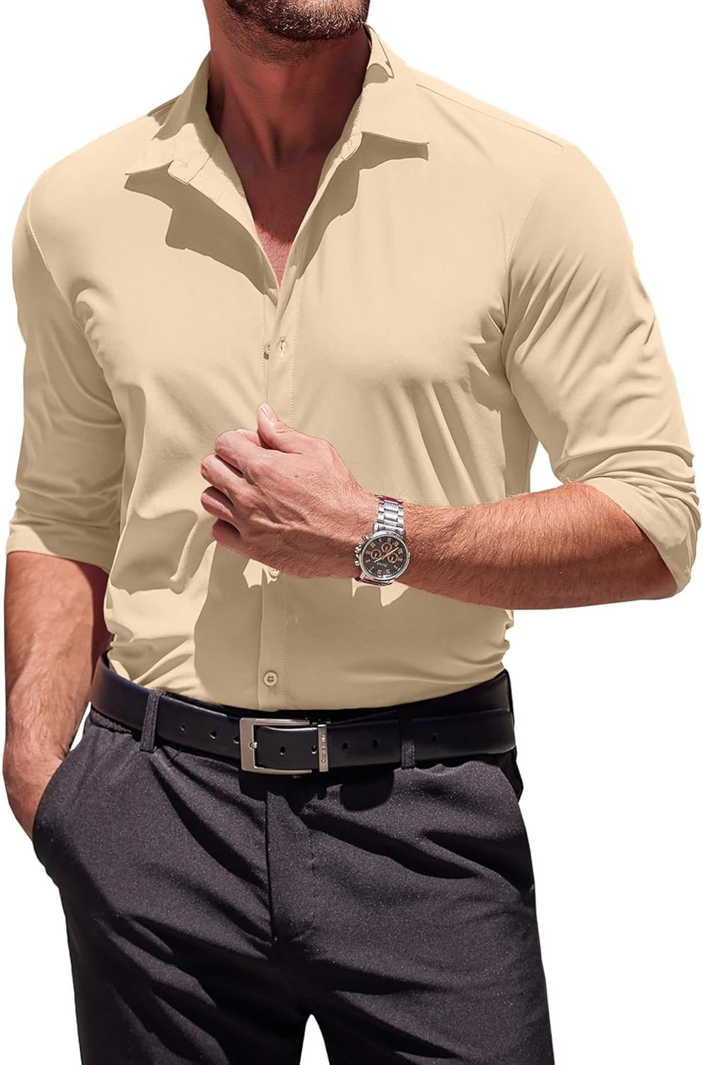 Herren Muscle Fit Oberhemden faltenfrei Langarm Freizeit Button Down Hemden - Bild 32 von 100