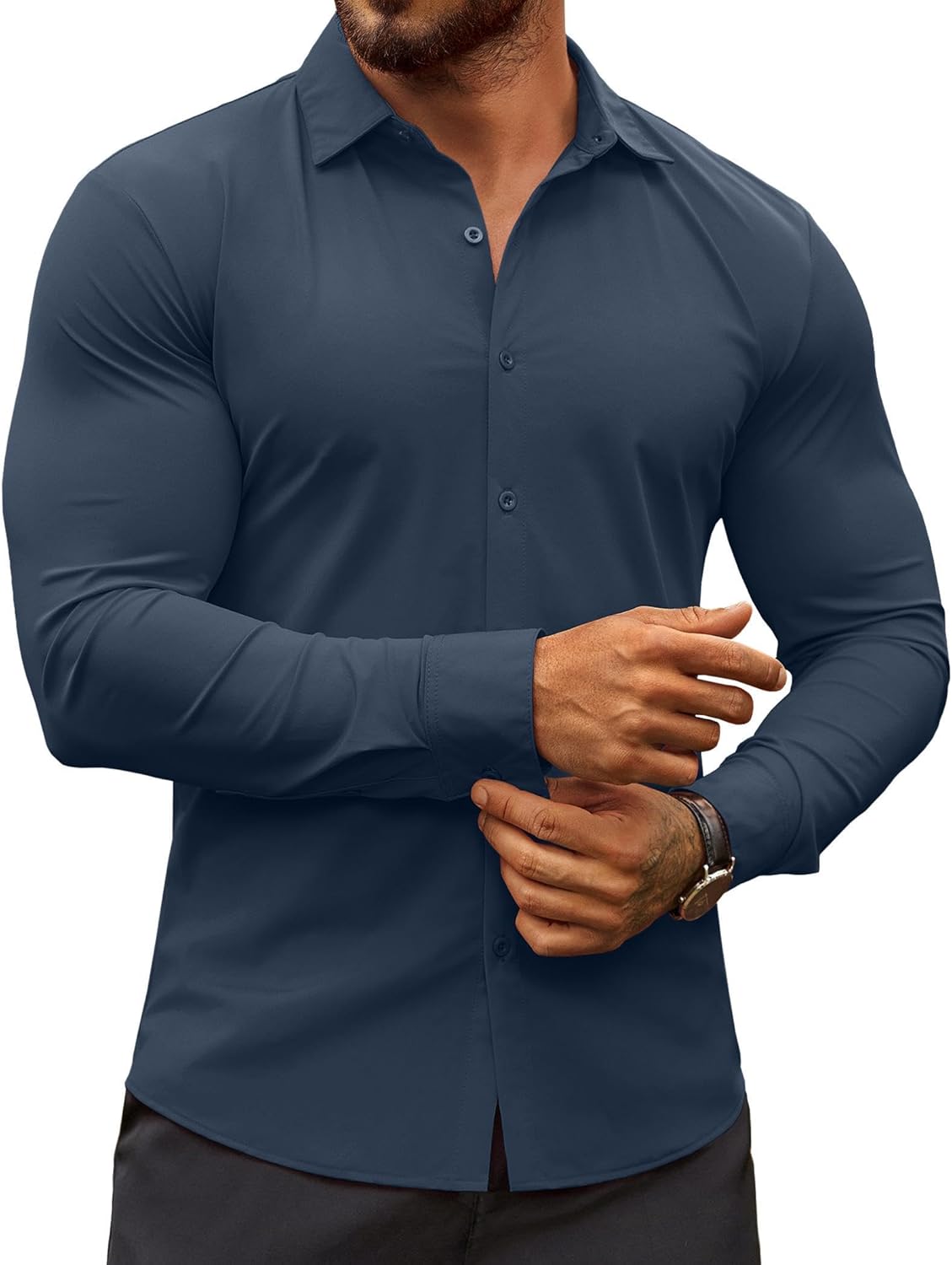 Herren Muscle Fit Oberhemden faltenfrei Langarm Freizeit Button Down Hemden - Bild 35 von 100