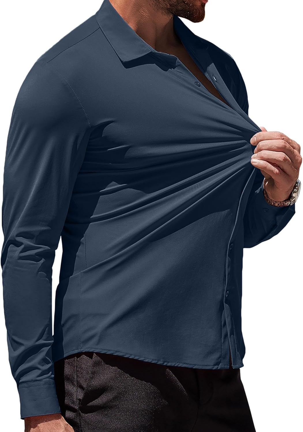 Herren Muscle Fit Oberhemden faltenfrei Langarm Freizeit Button Down Hemden - Bild 36 von 100