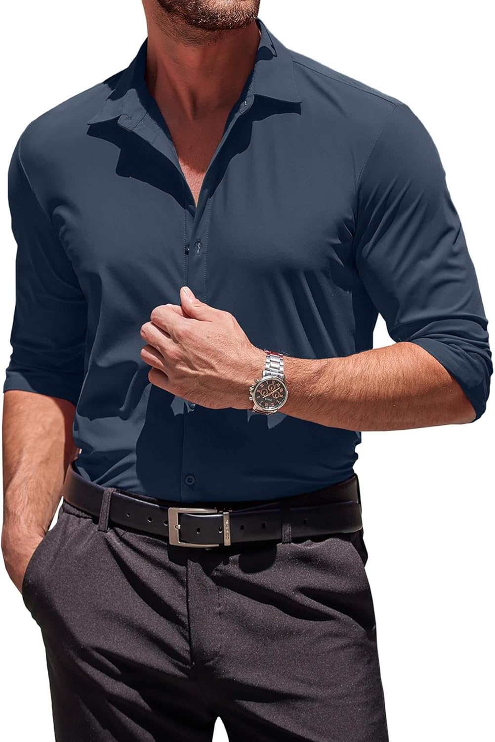 Herren Muscle Fit Oberhemden faltenfrei Langarm Freizeit Button Down Hemden - Bild 37 von 100