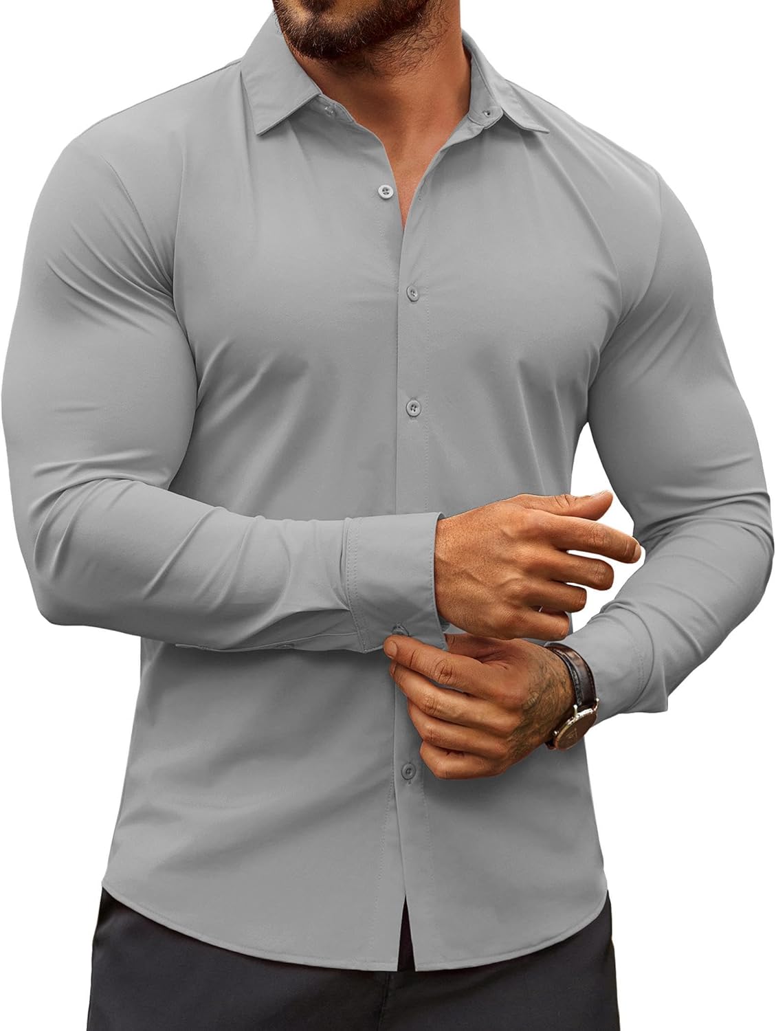 Herren Muscle Fit Oberhemden faltenfrei Langarm Freizeit Button Down Hemden - Bild 40 von 100