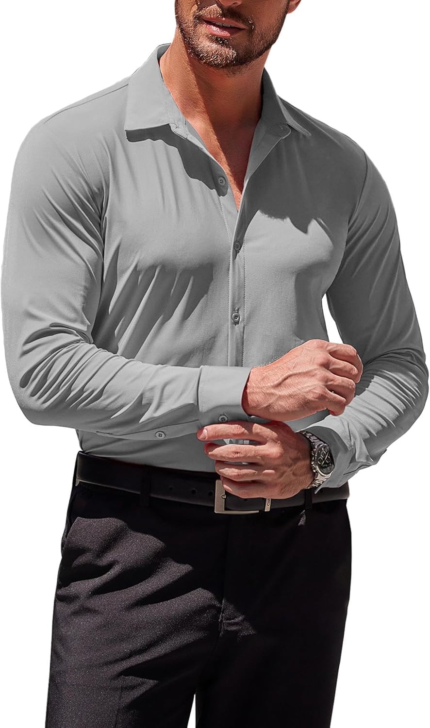 Herren Muscle Fit Oberhemden faltenfrei Langarm Freizeit Button Down Hemden - Bild 42 von 100