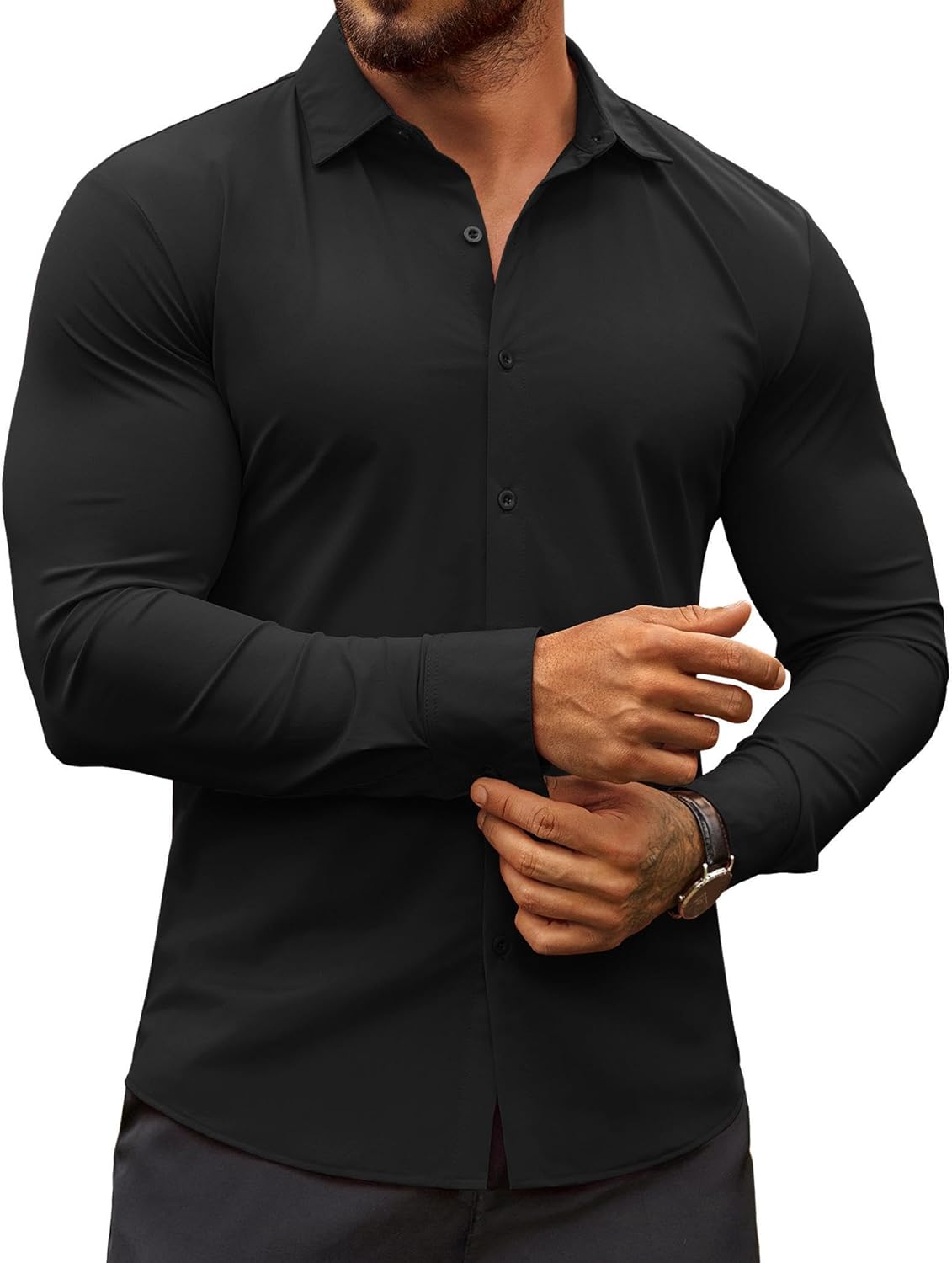 Herren Muscle Fit Oberhemden faltenfrei Langarm Freizeit Button Down Hemden - Bild 45 von 100