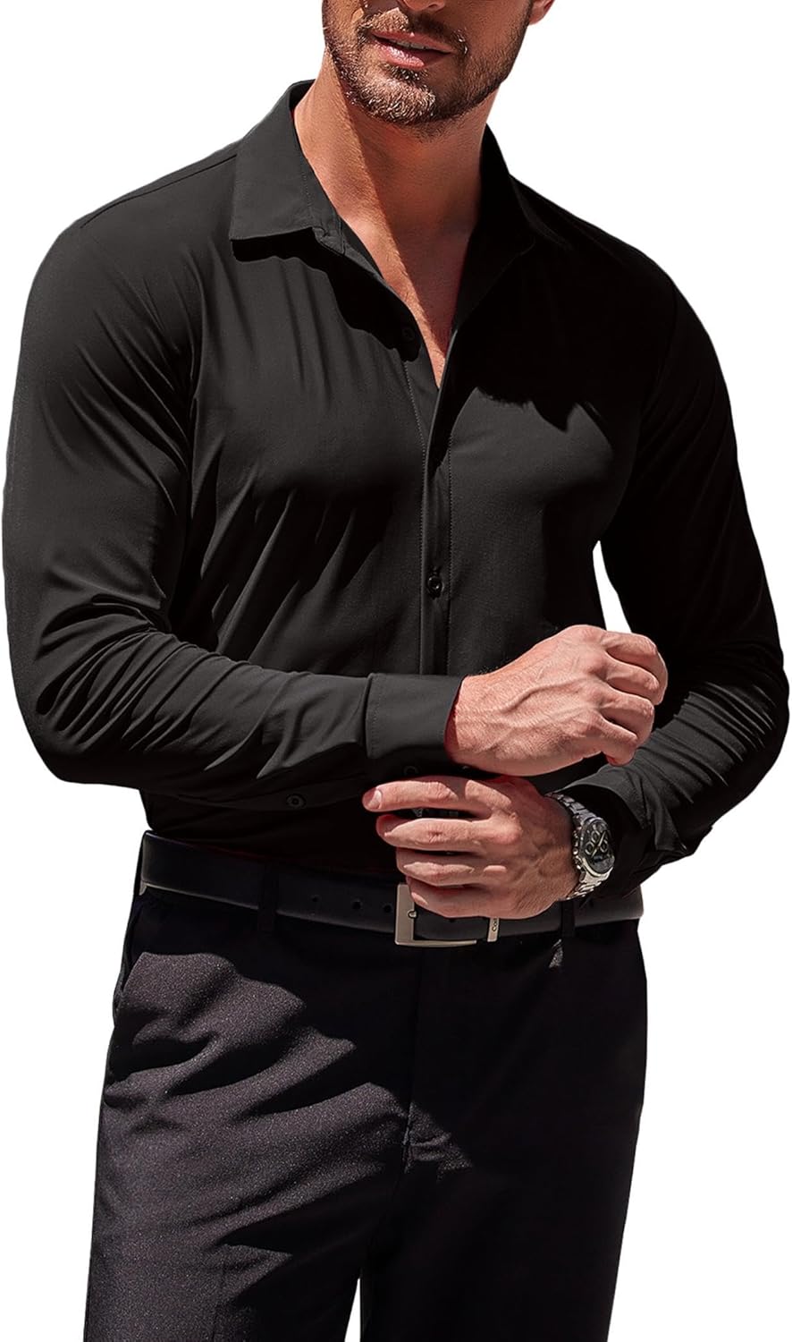 Herren Muscle Fit Oberhemden faltenfrei Langarm Freizeit Button Down Hemden - Bild 47 von 100
