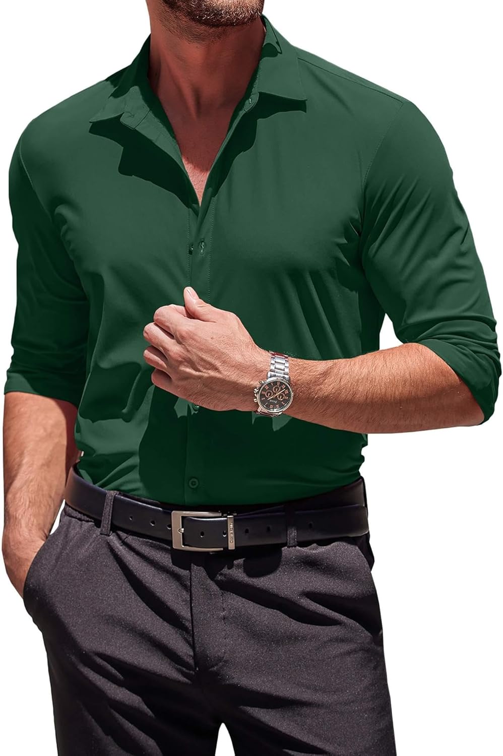 Herren Muscle Fit Oberhemden faltenfrei Langarm Freizeit Button Down Hemden - Bild 52 von 100