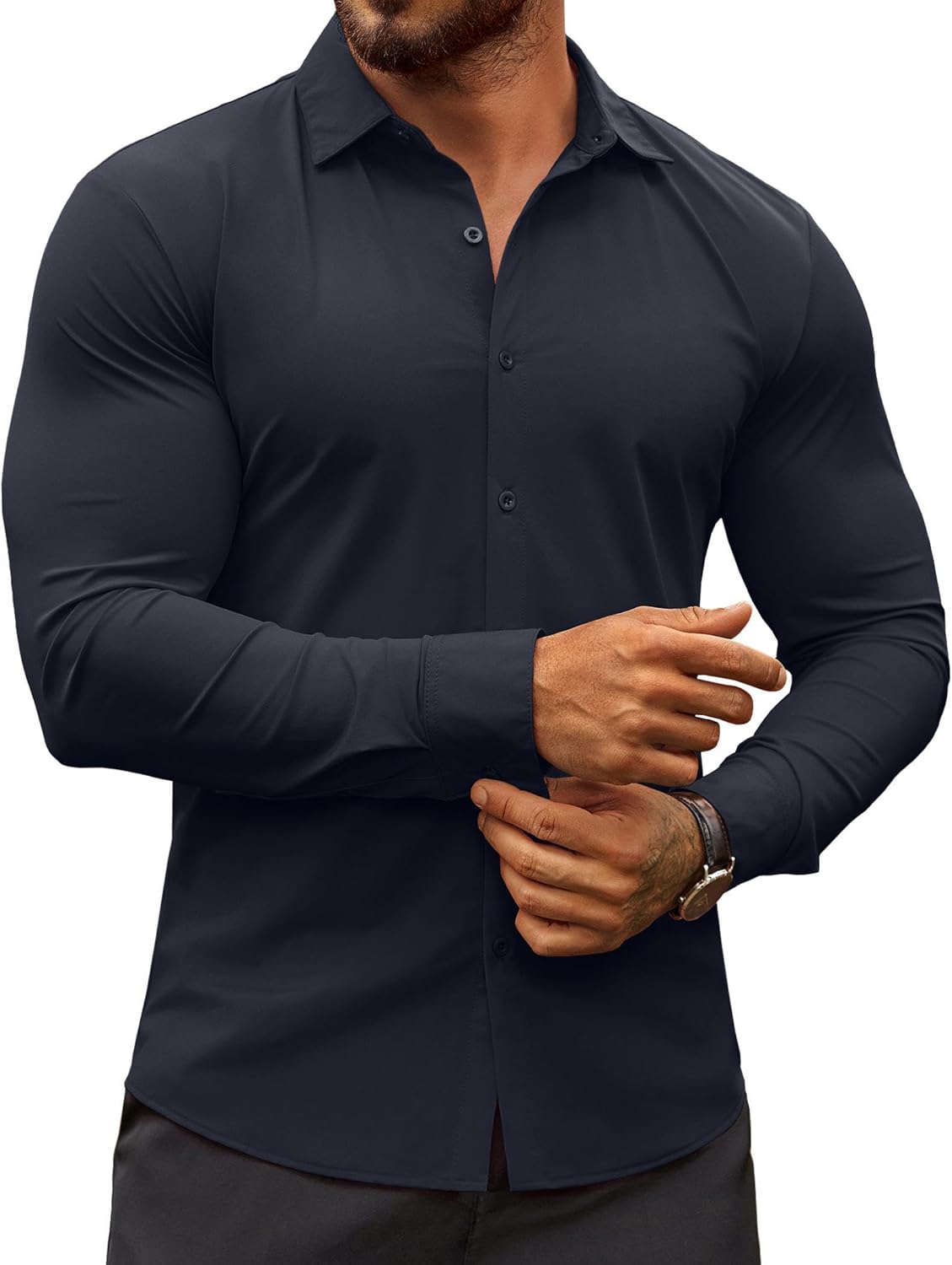 Herren Muscle Fit Oberhemden faltenfrei Langarm Freizeit Button Down Hemden - Bild 55 von 100