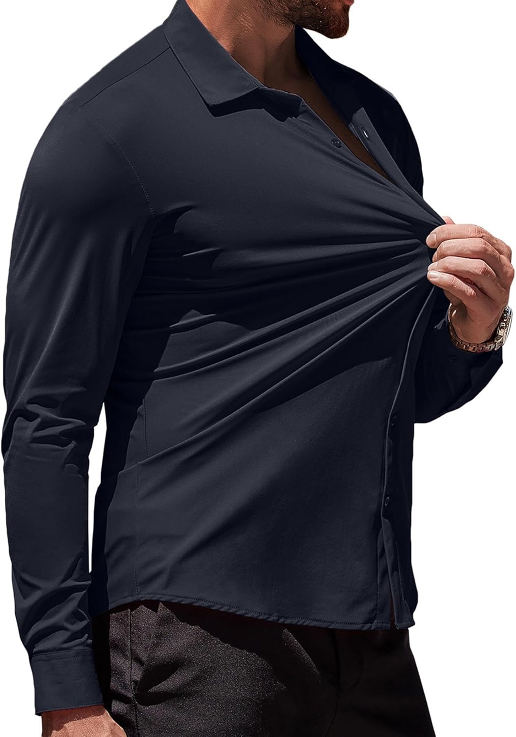 Herren Muscle Fit Oberhemden faltenfrei Langarm Freizeit Button Down Hemden - Bild 56 von 100
