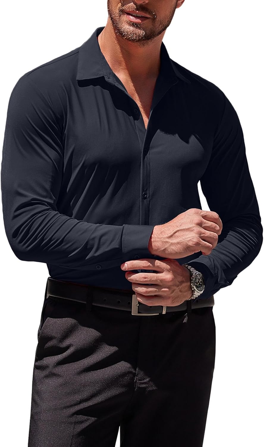 Herren Muscle Fit Oberhemden faltenfrei Langarm Freizeit Button Down Hemden - Bild 57 von 100