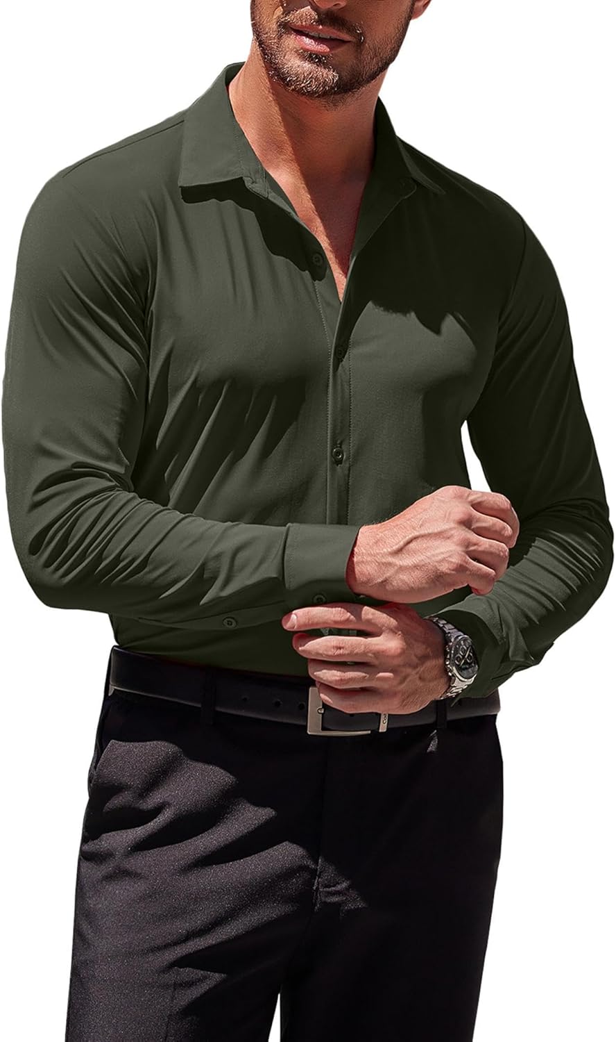 Herren Muscle Fit Oberhemden faltenfrei Langarm Freizeit Button Down Hemden - Bild 62 von 100