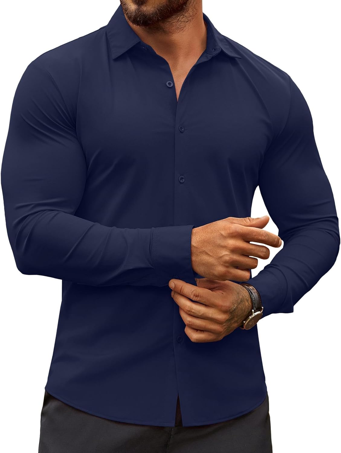 Herren Muscle Fit Oberhemden faltenfrei Langarm Freizeit Button Down Hemden - Bild 65 von 100