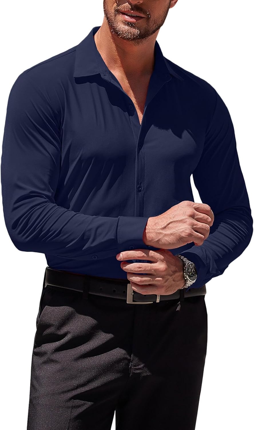 Herren Muscle Fit Oberhemden faltenfrei Langarm Freizeit Button Down Hemden - Bild 67 von 100