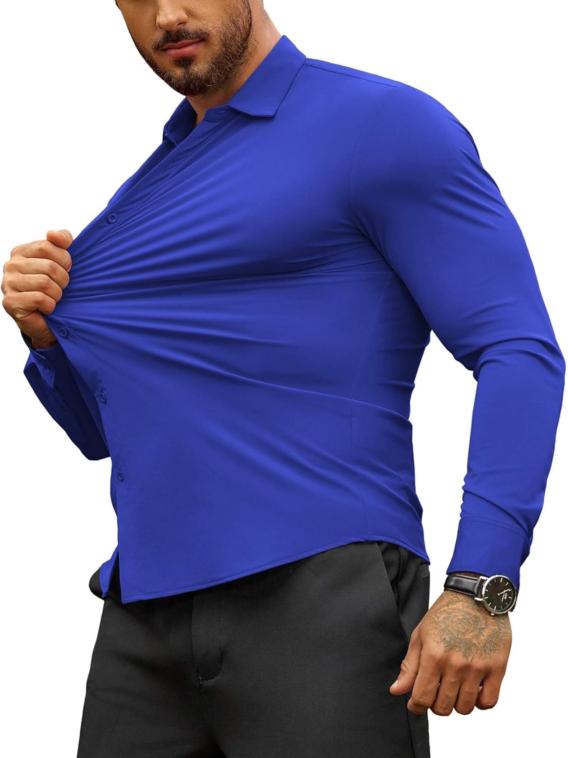 Herren Muscle Fit Oberhemden faltenfrei Langarm Freizeit Button Down Hemden - Bild 71 von 100