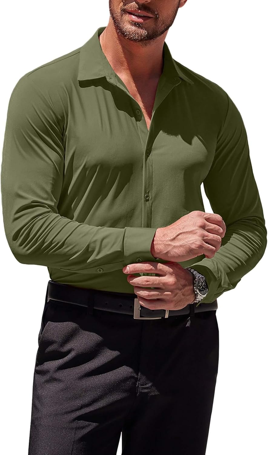 Herren Muscle Fit Oberhemden faltenfrei Langarm Freizeit Button Down Hemden - Bild 76 von 100
