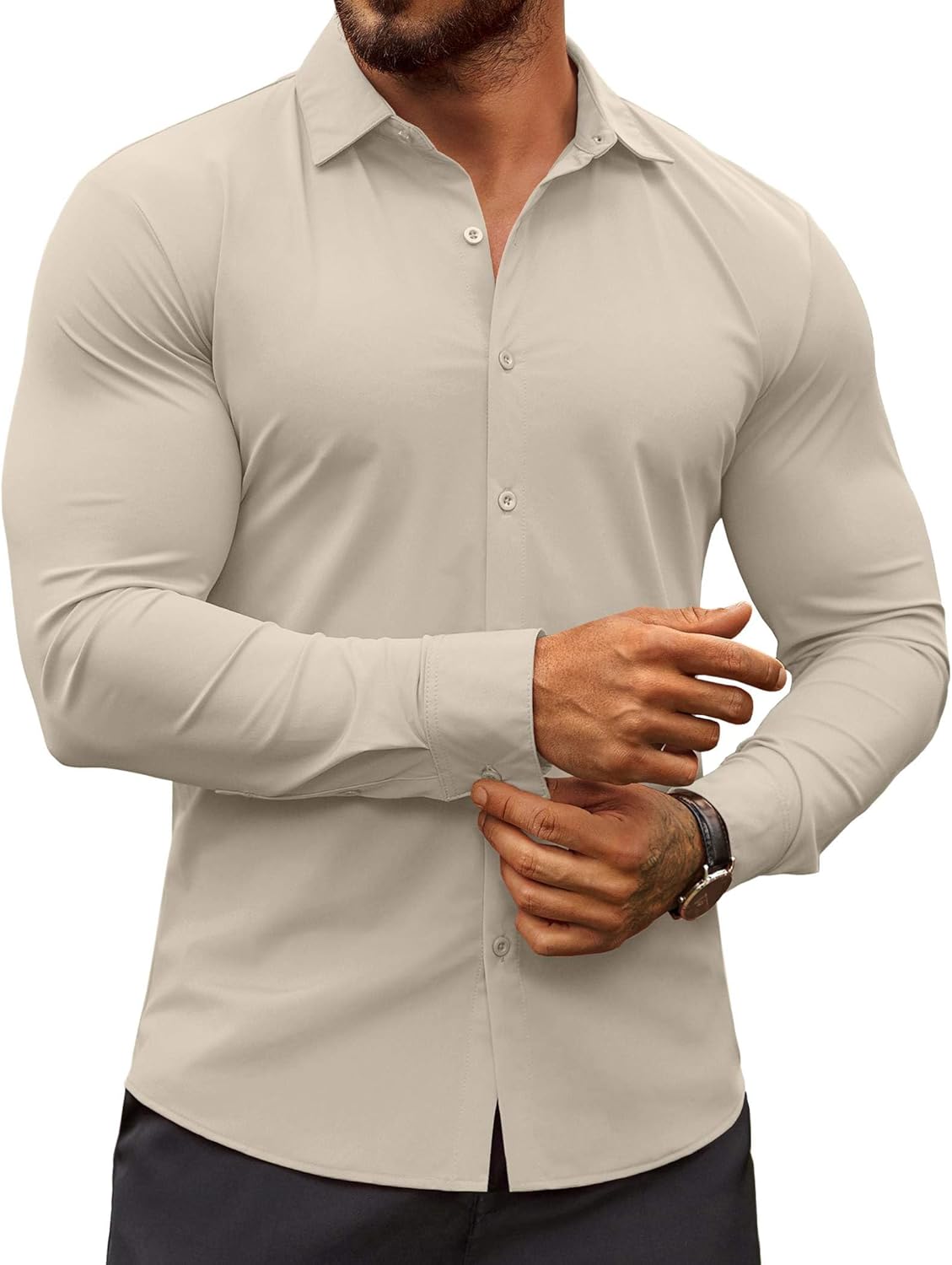 Herren Muscle Fit Oberhemden faltenfrei Langarm Freizeit Button Down Hemden - Bild 79 von 100