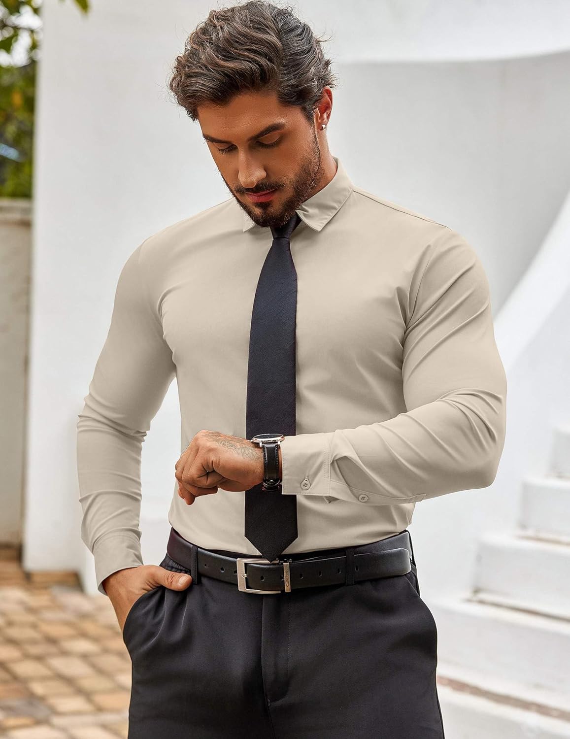 Herren Muscle Fit Oberhemden faltenfrei Langarm Freizeit Button Down Hemden - Bild 81 von 100