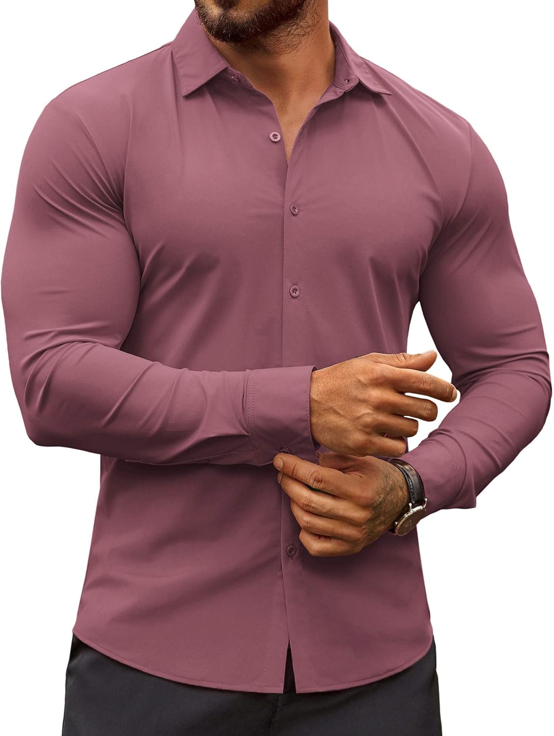 Herren Muscle Fit Oberhemden faltenfrei Langarm Freizeit Button Down Hemden - Bild 83 von 100