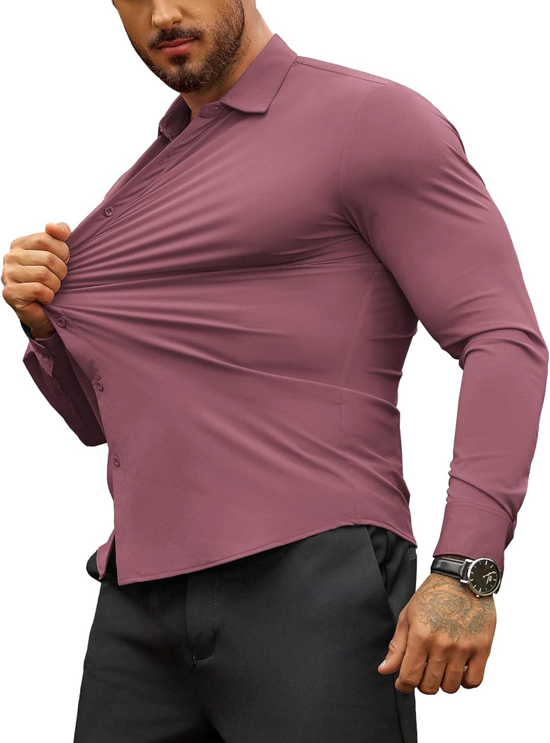 Herren Muscle Fit Oberhemden faltenfrei Langarm Freizeit Button Down Hemden - Bild 84 von 100