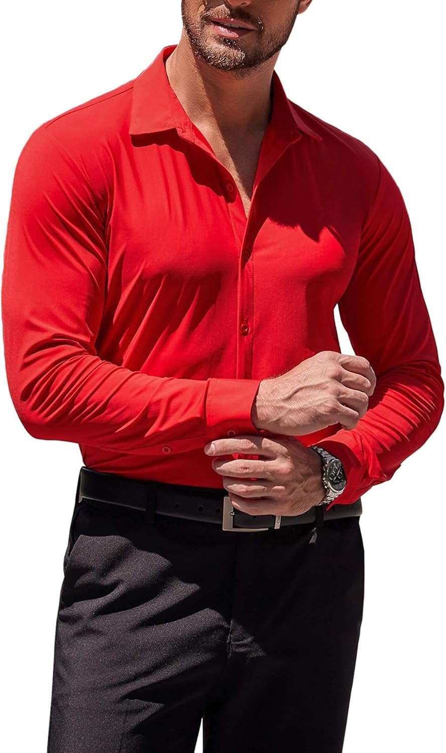 Herren Muscle Fit Oberhemden faltenfrei Langarm Freizeit Button Down Hemden - Bild 89 von 100