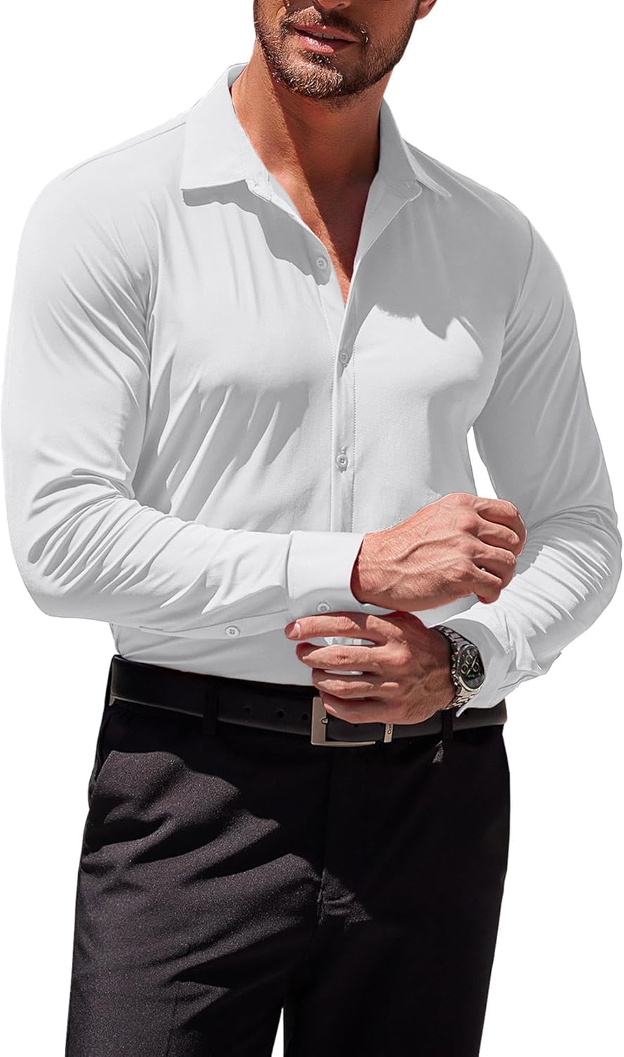 Herren Muscle Fit Oberhemden faltenfrei Langarm Freizeit Button Down Hemden - Bild 94 von 100