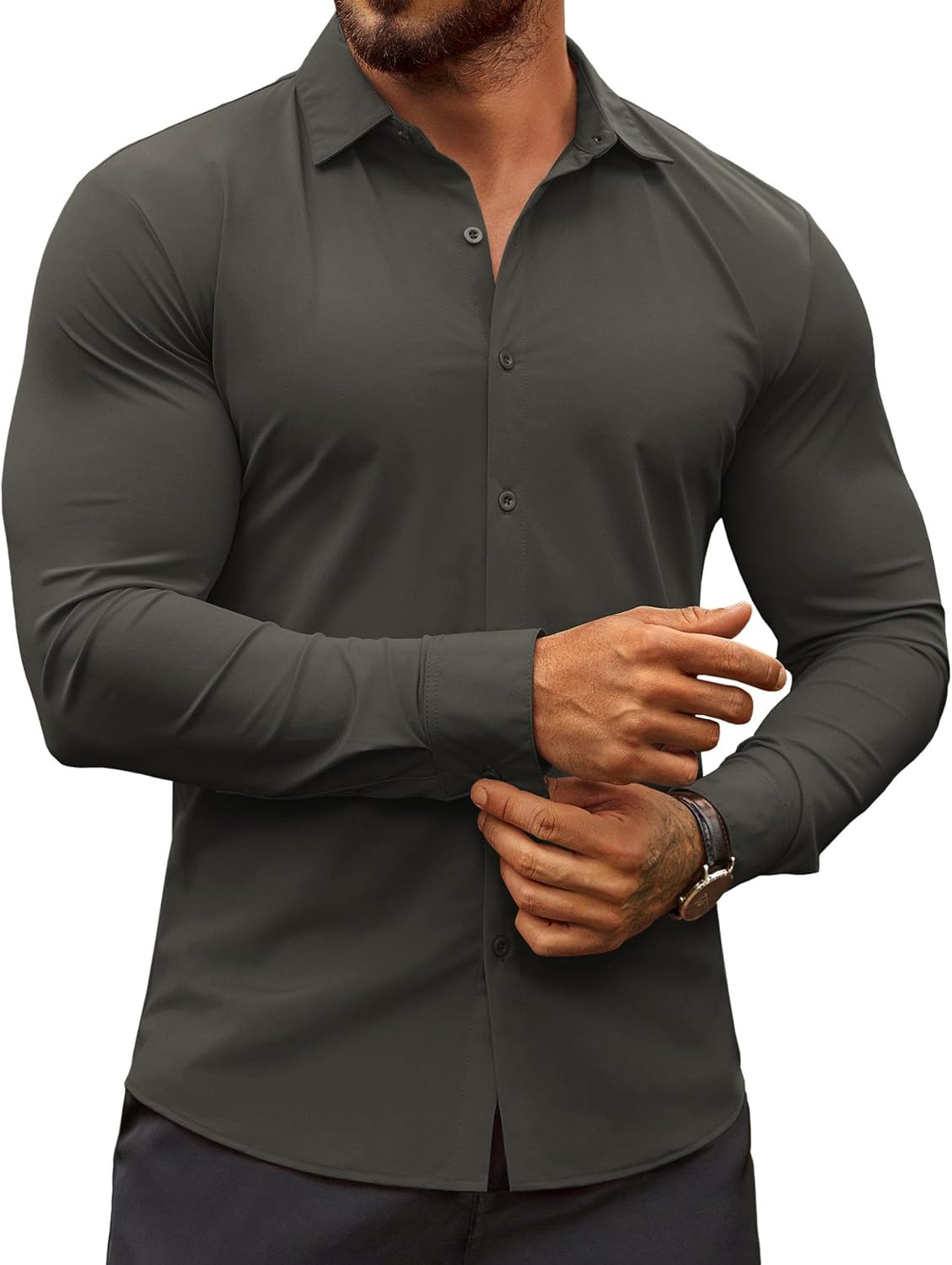 Herren Muscle Fit Oberhemden faltenfrei Langarm Freizeit Button Down Hemden - Bild 97 von 100