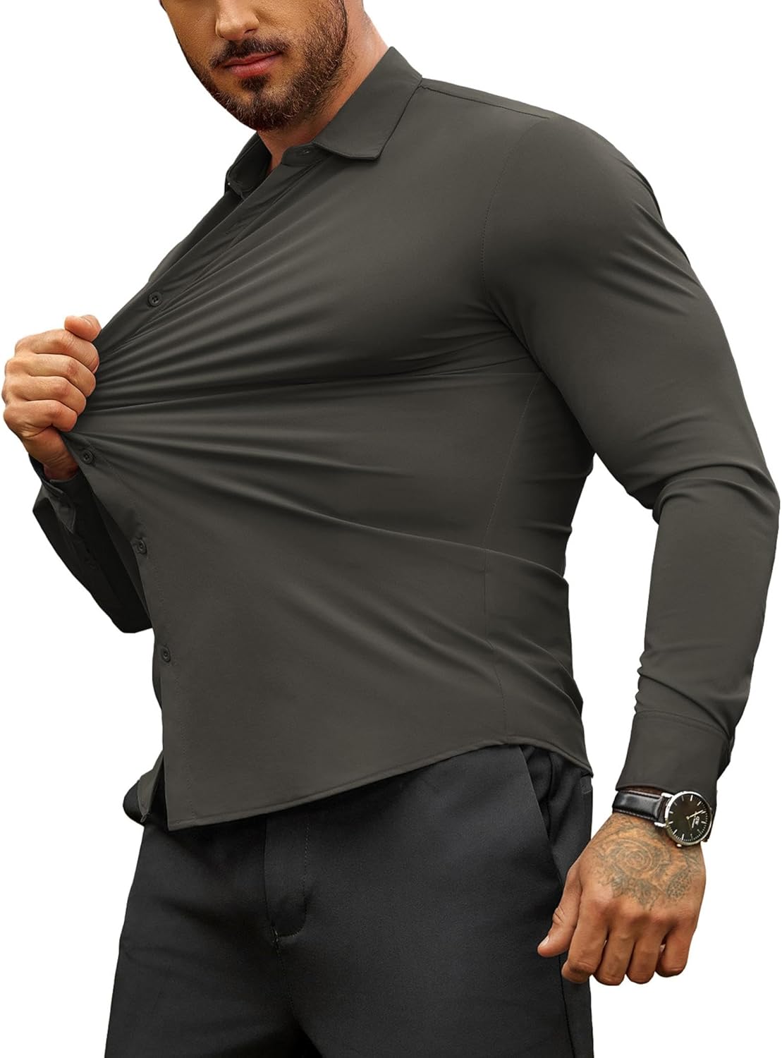 Herren Muscle Fit Oberhemden faltenfrei Langarm Freizeit Button Down Hemden - Bild 98 von 100