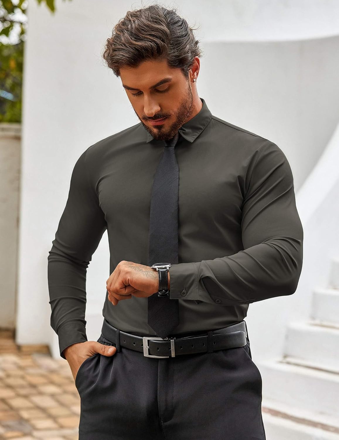 Herren Muscle Fit Oberhemden faltenfrei Langarm Freizeit Button Down Hemden - Bild 99 von 100