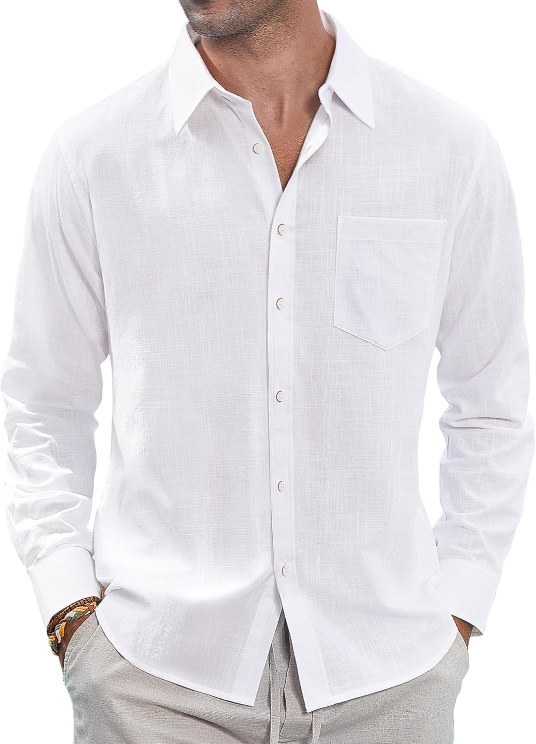 Herren Leinenhemden Freizeit Button Down Langarm Hemd Einfarbig Spread Hemden - Bild 23 von 57