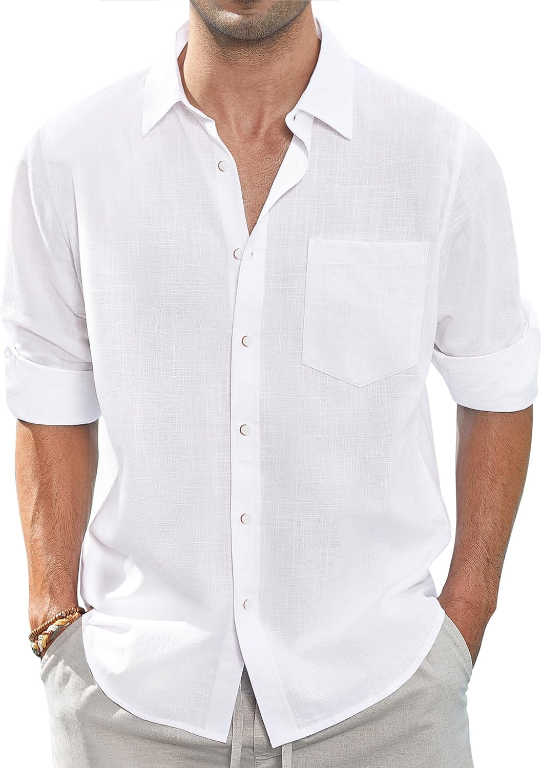 Herren Leinenhemden Freizeit Button Down Langarm Hemd Einfarbig Spread Hemden - Bild 24 von 57