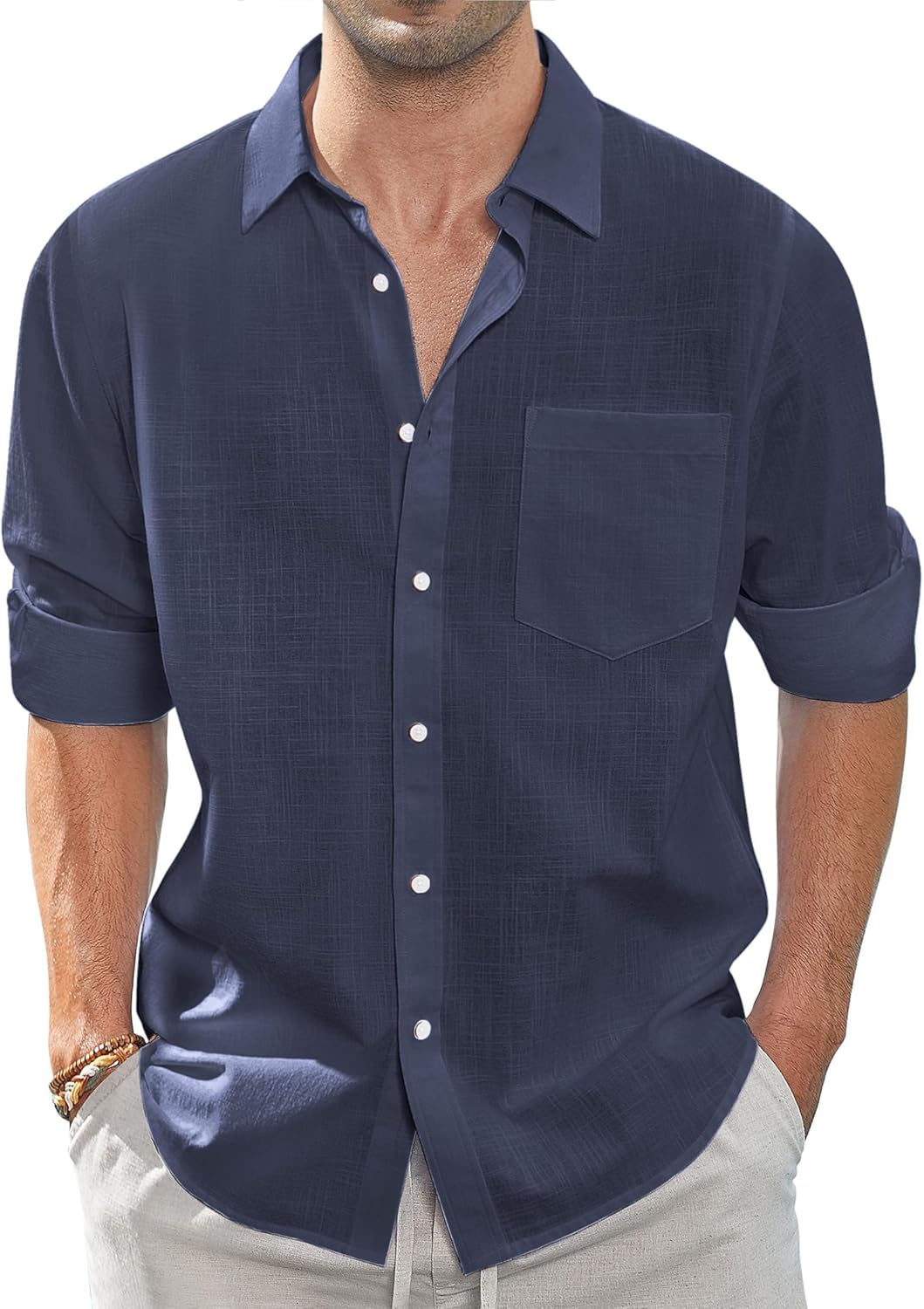 Herren Leinenhemden Freizeit Button Down Langarm Hemd Einfarbig Spread Hemden - Bild 39 von 57