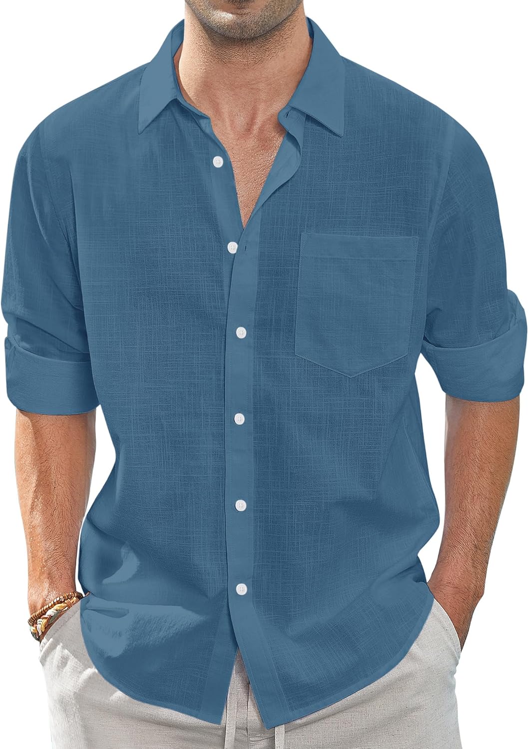 Herren Leinenhemden Freizeit Button Down Langarm Hemd Einfarbig Spread Hemden - Bild 47 von 57