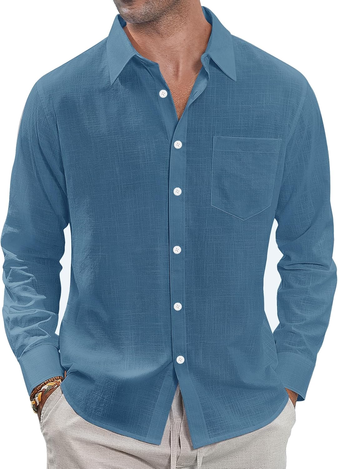 Herren Leinenhemden Freizeit Button Down Langarm Hemd Einfarbig Spread Hemden - Bild 48 von 57