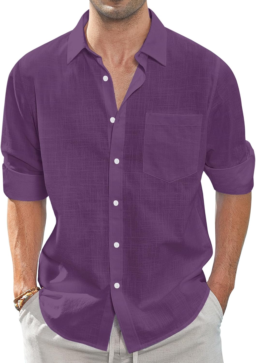 Herren Leinenhemden Freizeit Button Down Langarm Hemd Einfarbig Spread Hemden - Bild 51 von 57