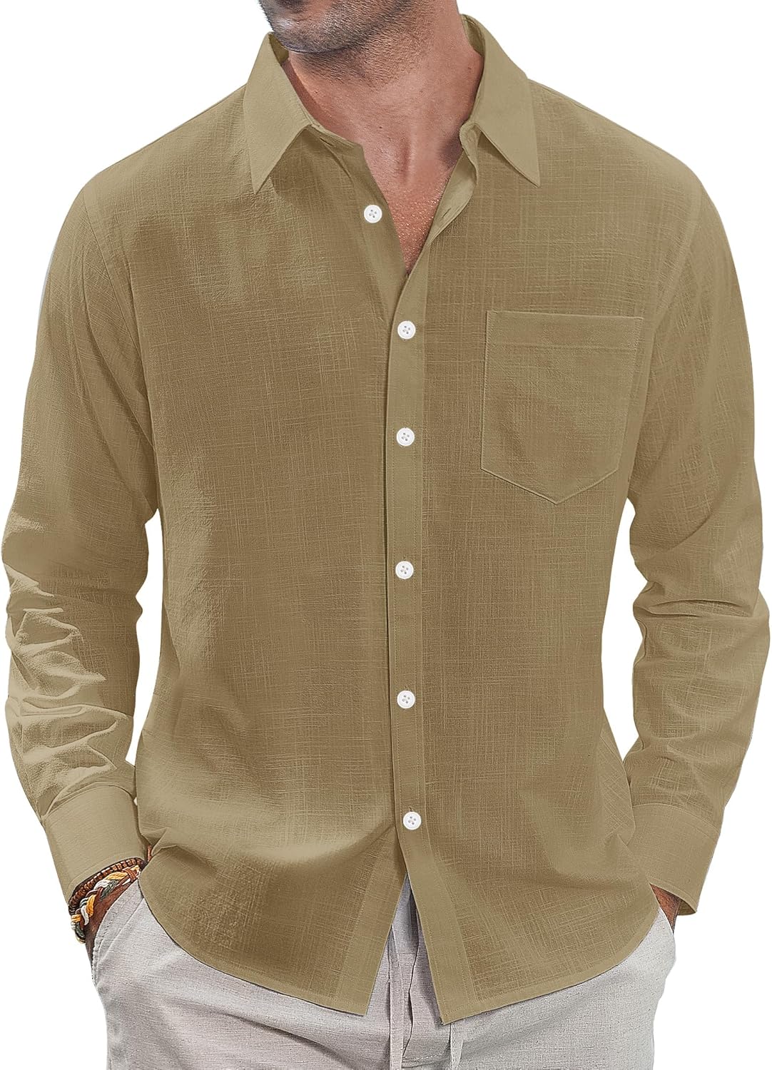 Herren Leinenhemden Freizeit Button Down Langarm Hemd Einfarbig Spread Hemden - Bild 53 von 57