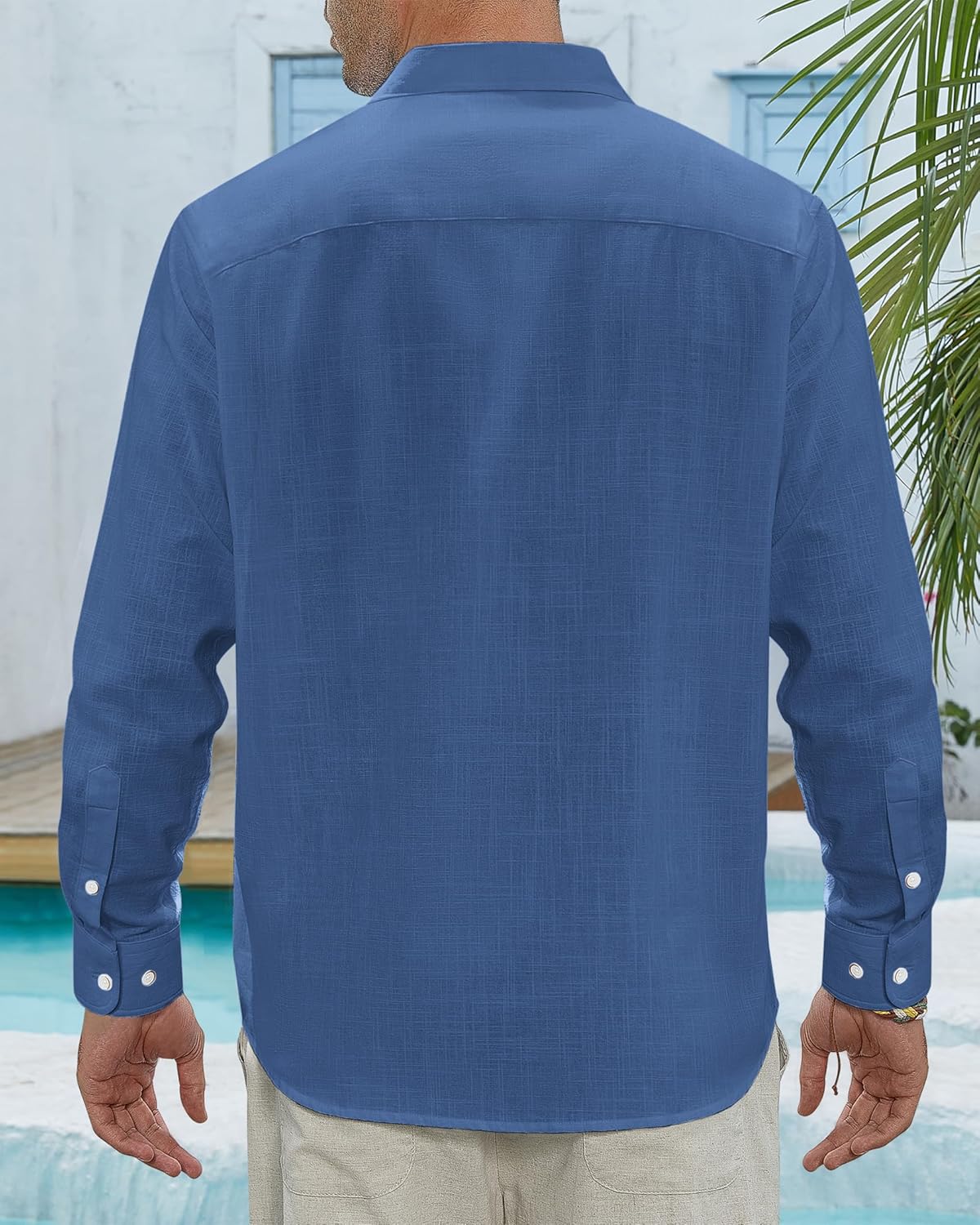 Herren Leinenhemden Freizeit Button Down Langarm Hemd Einfarbig Spread Hemden - Bild 57 von 57