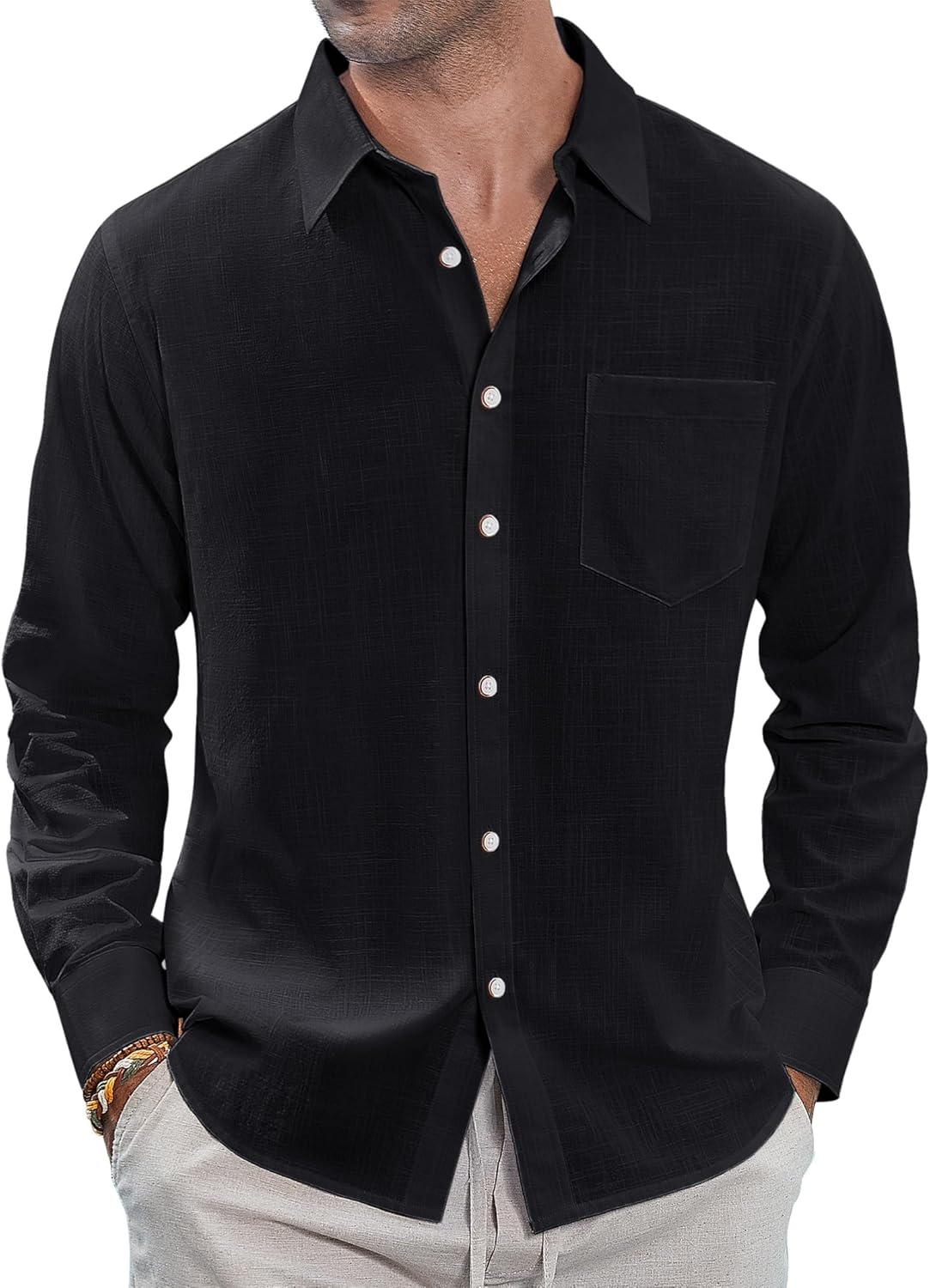 Herren Leinenhemden Freizeit Button Down Langarm Hemd Einfarbig Spread Hemden - Bild 27 von 57