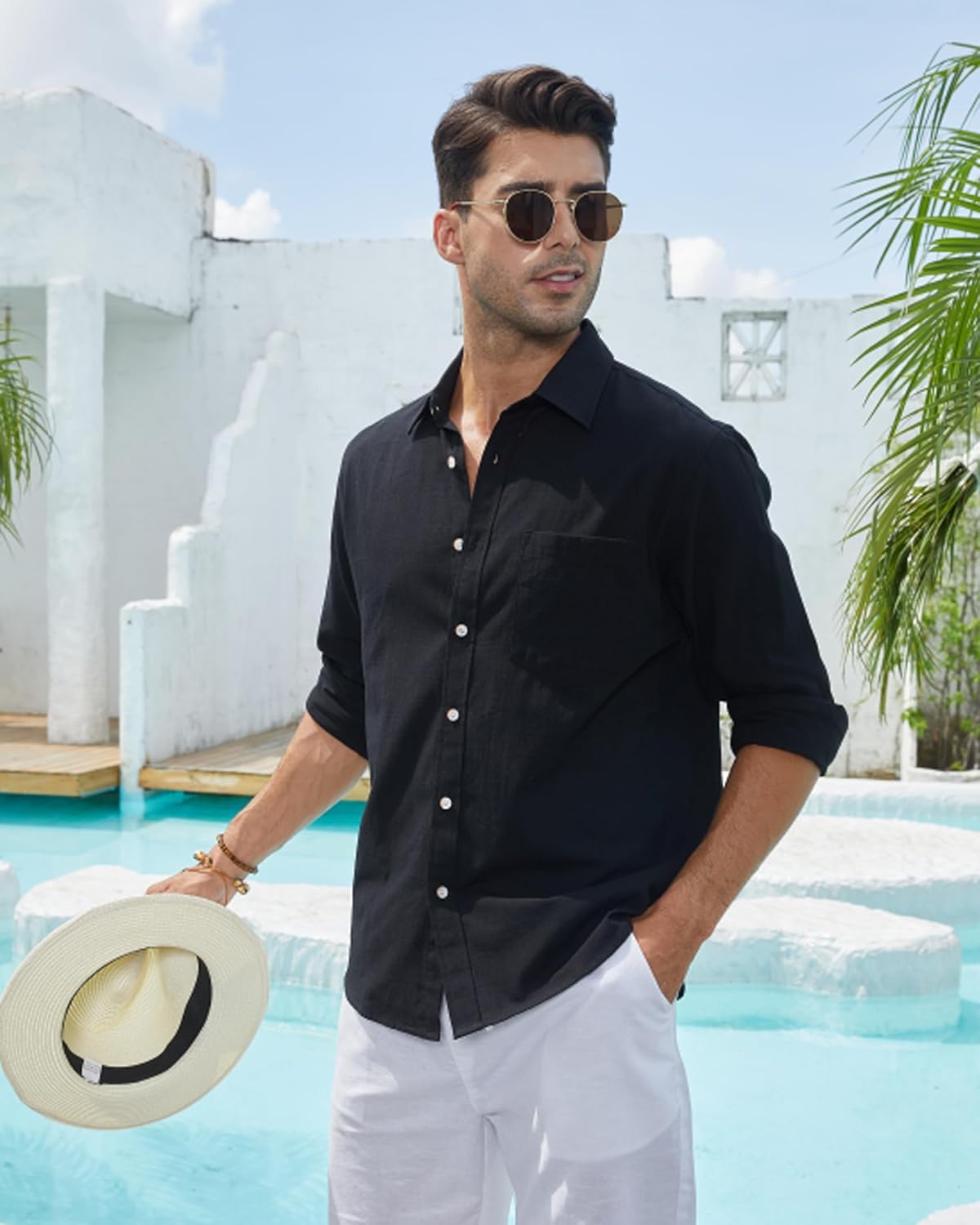 Herren Leinenhemden Freizeit Button Down Langarm Hemd Einfarbig Spread Hemden - Bild 30 von 57