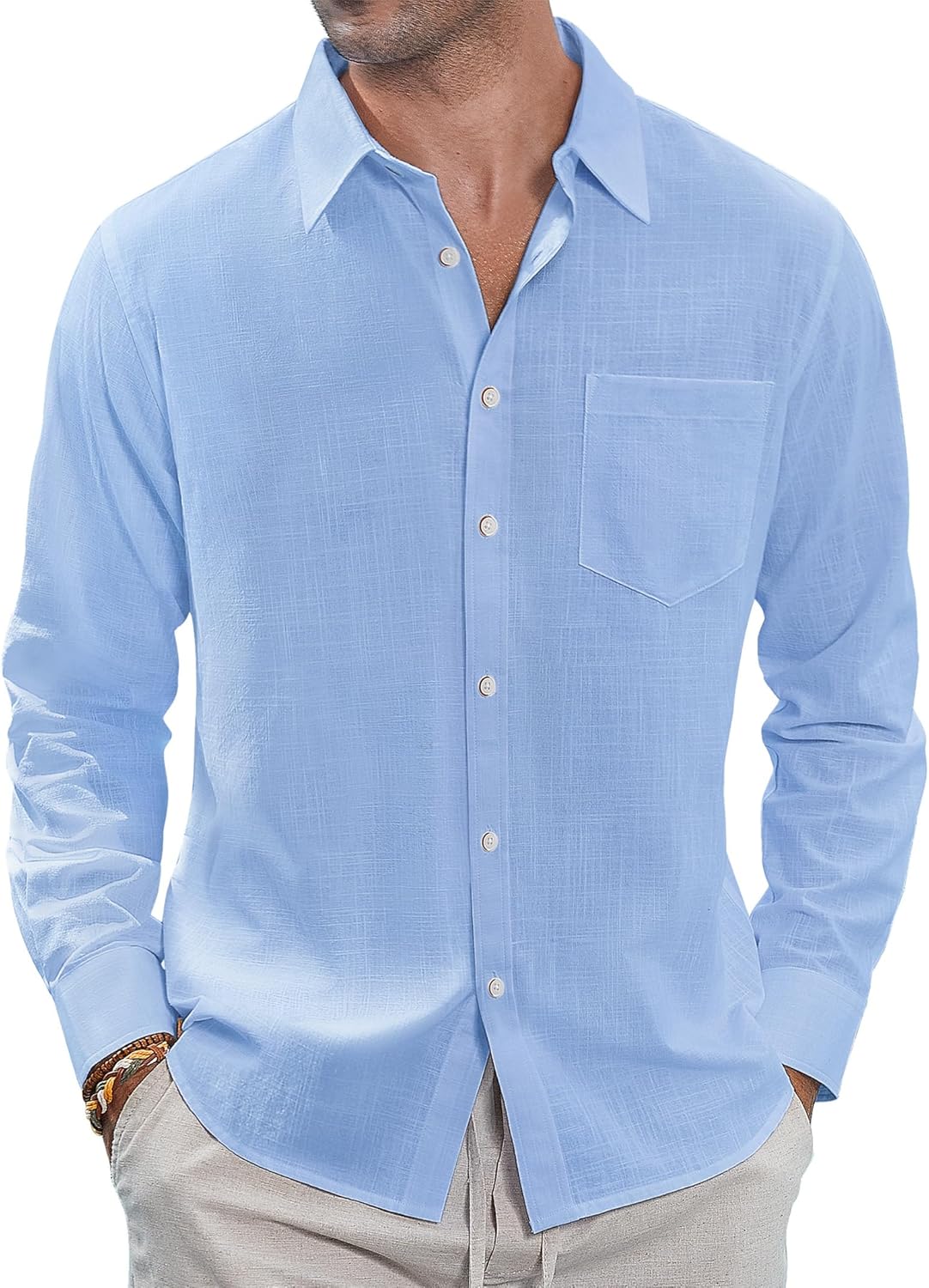 Herren Leinenhemden Freizeit Button Down Langarm Hemd Einfarbig Spread Hemden - Bild 31 von 57