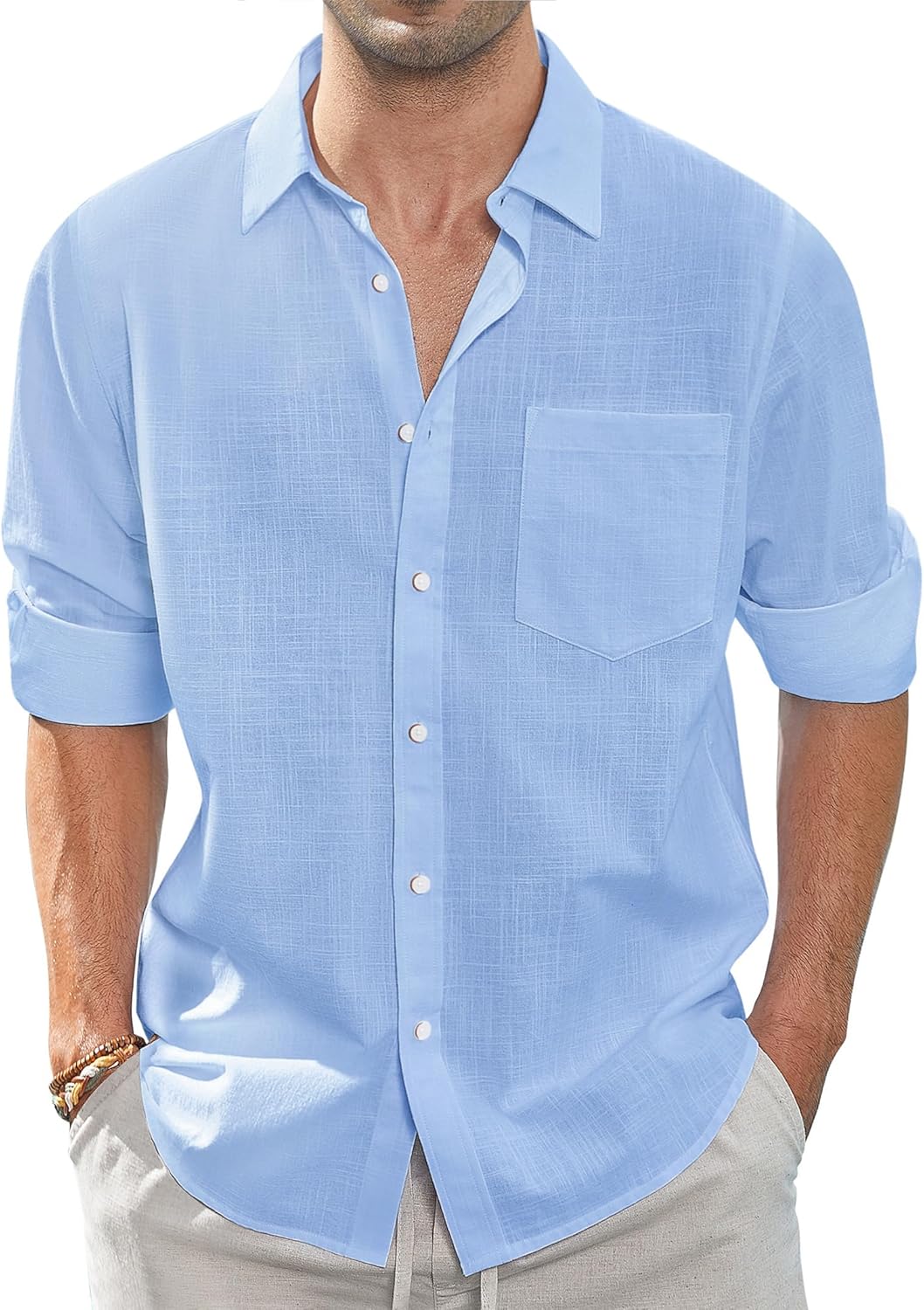 Herren Leinenhemden Freizeit Button Down Langarm Hemd Einfarbig Spread Hemden - Bild 32 von 57