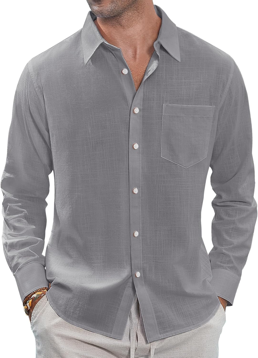 Herren Leinenhemden Freizeit Button Down Langarm Hemd Einfarbig Spread Hemden - Bild 35 von 57