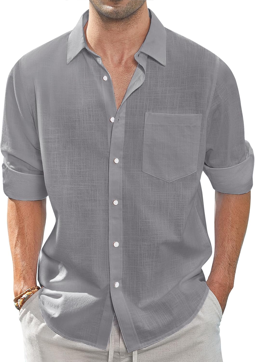 Herren Leinenhemden Freizeit Button Down Langarm Hemd Einfarbig Spread Hemden - Bild 36 von 57