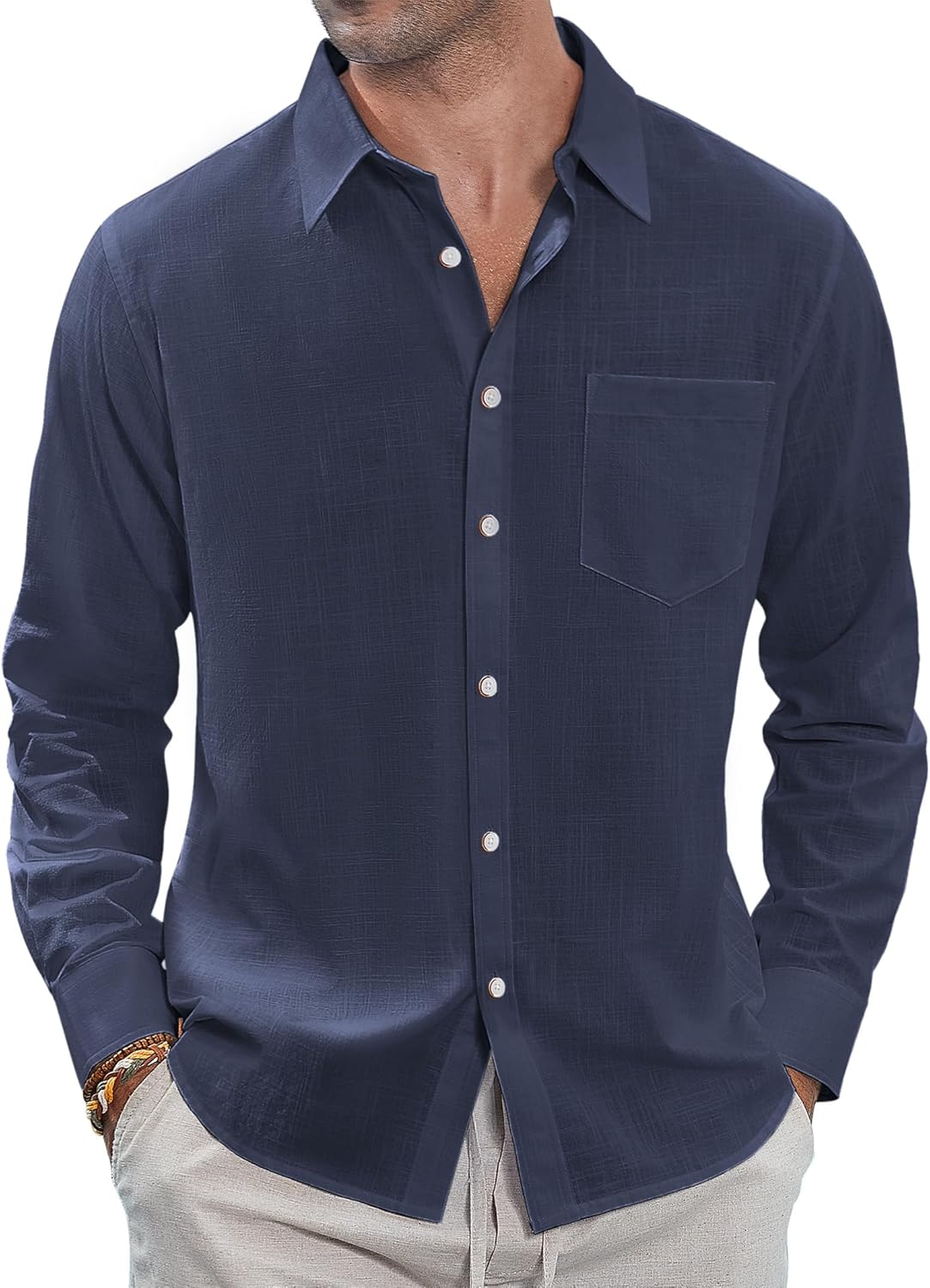 Herren Leinenhemden Freizeit Button Down Langarm Hemd Einfarbig Spread Hemden - Bild 38 von 57