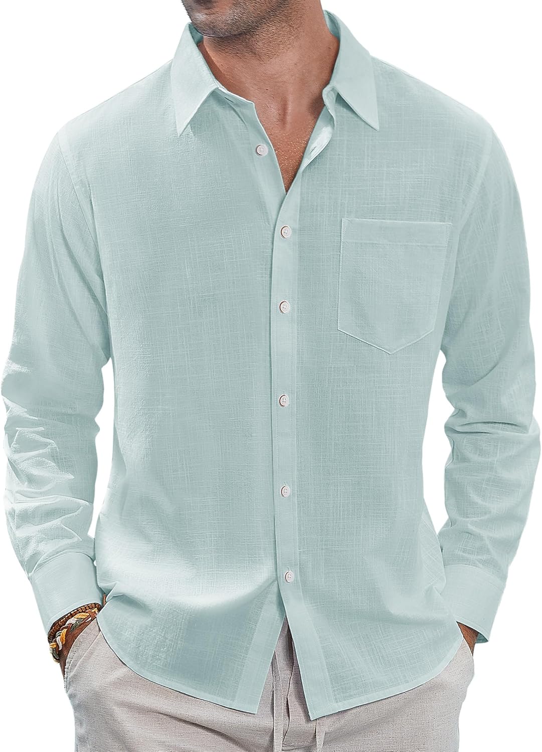 Herren Leinenhemden Freizeit Button Down Langarm Hemd Einfarbig Spread Hemden - Bild 41 von 57