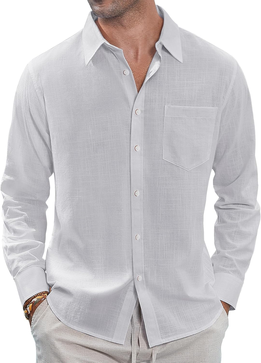 Herren Leinenhemden Freizeit Button Down Langarm Hemd Einfarbig Spread Hemden - Bild 44 von 57