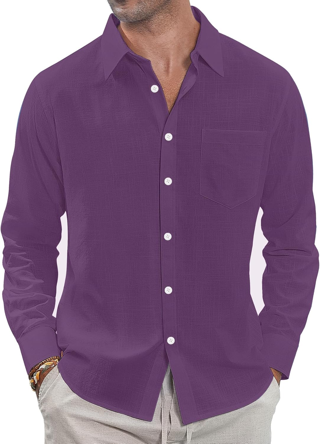 Herren Leinenhemden Freizeit Button Down Langarm Hemd Einfarbig Spread Hemden - Bild 50 von 57