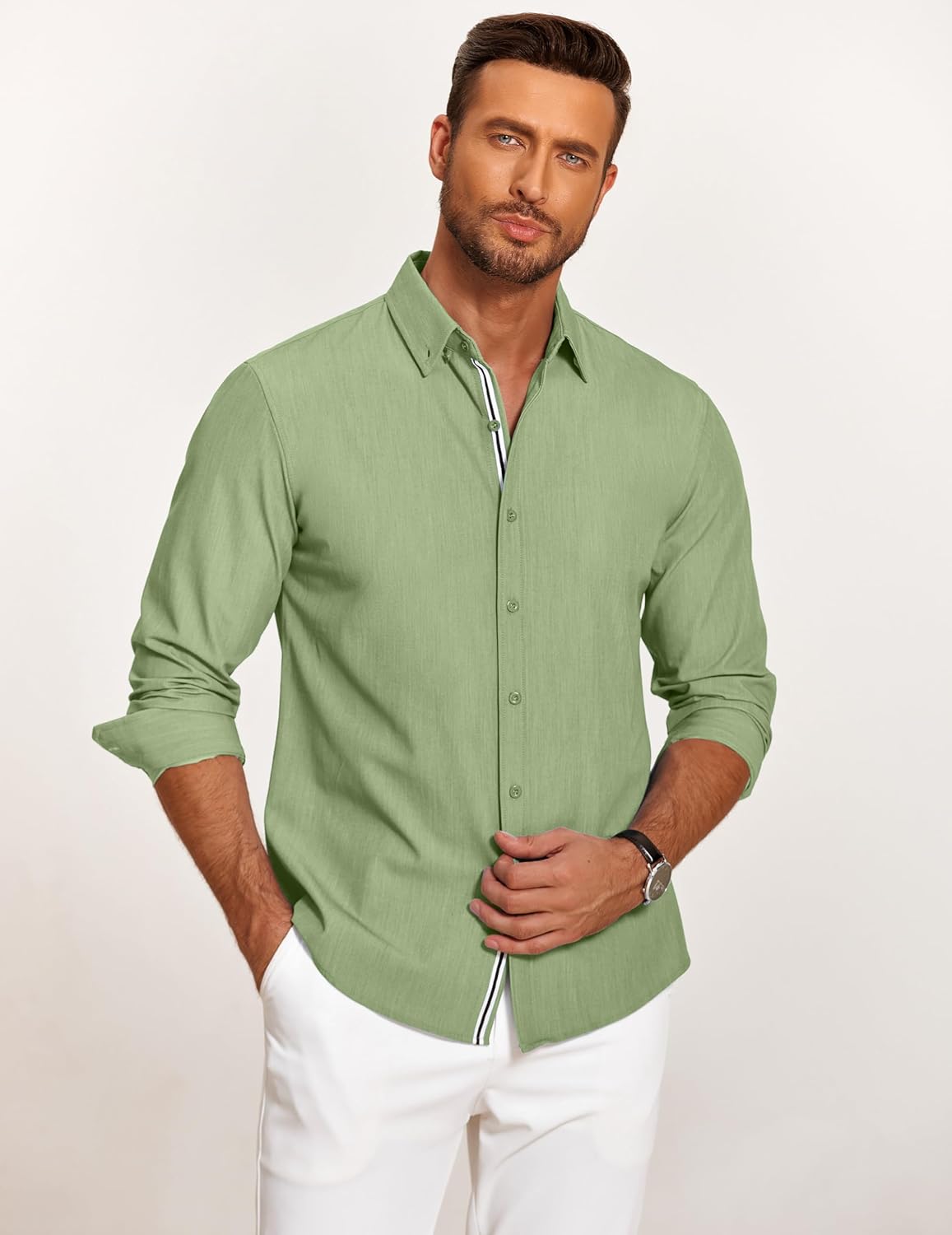 Mens Casual Button Down Shirt Untucked Long Sleeve Stretch Denim Dress Shirt - Picture 61 of 83