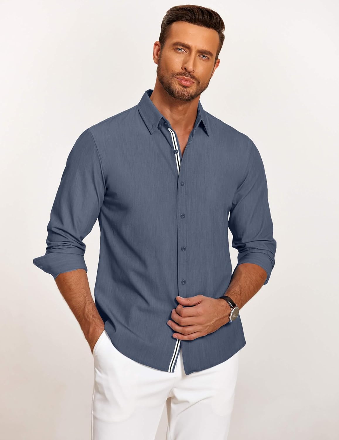Mens Casual Button Down Shirt Untucked Long Sleeve Stretch Denim Dress Shirt - Picture 69 of 83