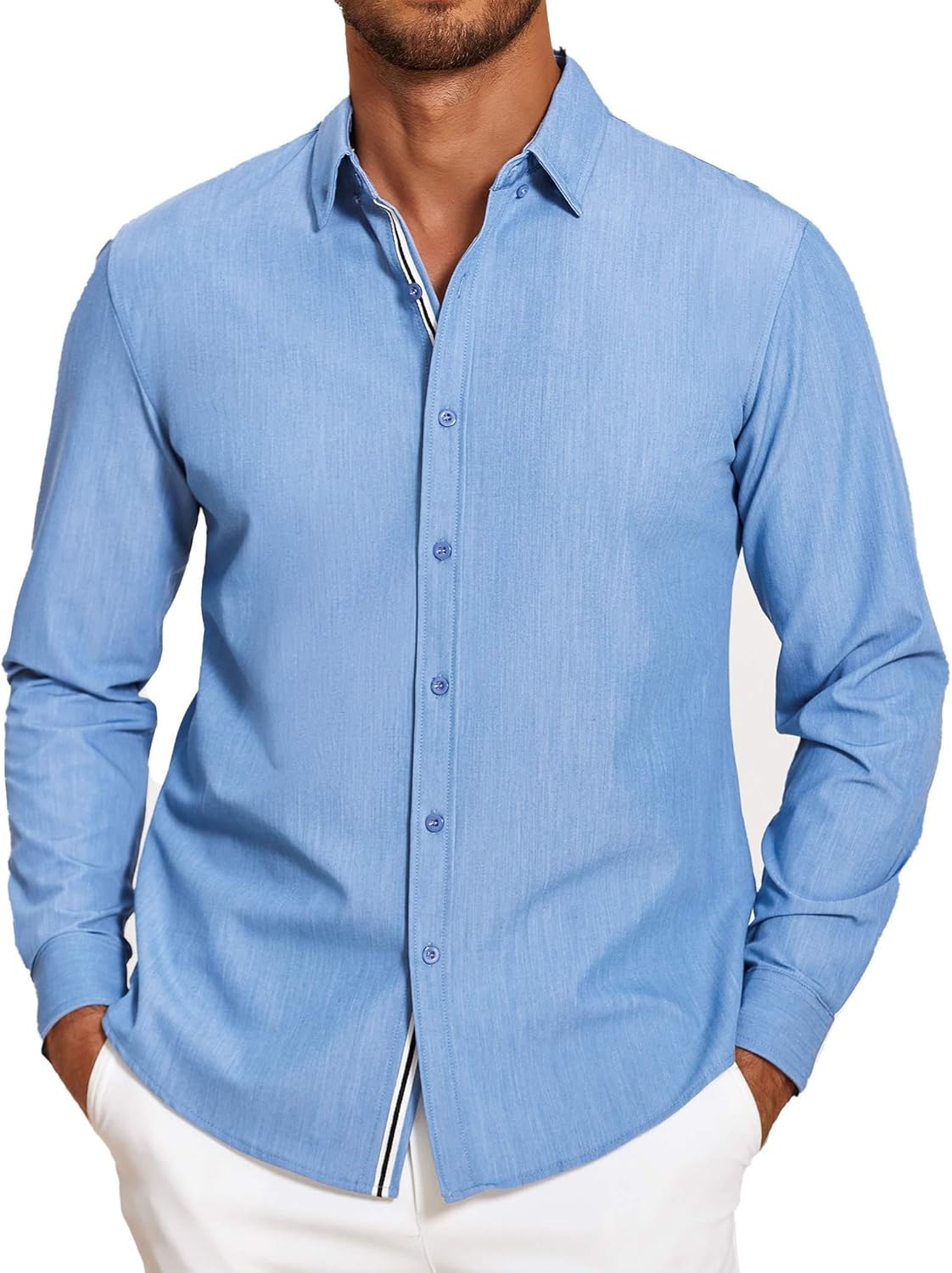 Mens Casual Button Down Shirt Untucked Long Sleeve Stretch Denim Dress Shirt - Picture 24 of 83